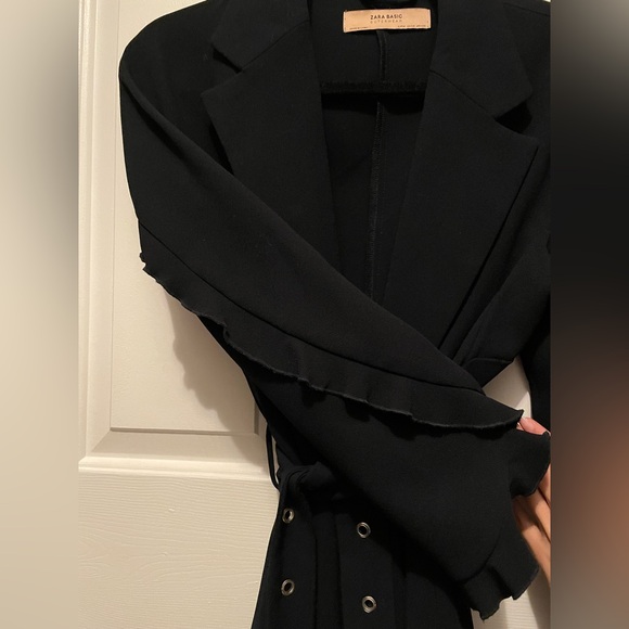Zara navy blue tench/duster coat with ruffle sleeves and belt in size M - Picture 7 of 9